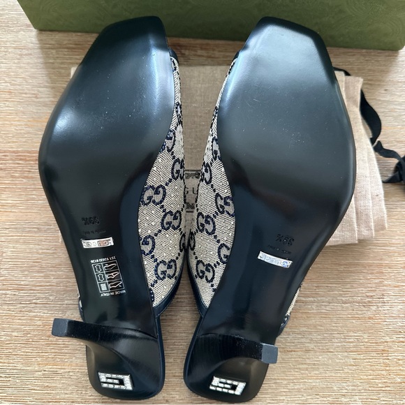 GUCCI Canvas Crystal GG Monogram Square G 95mm Slide Sandals 39.5 Beige Blue - Picture 7 of 8